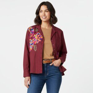 Anthropologie Red Embroidered Floral Button Front Long Sleeve Top by Maeve 6